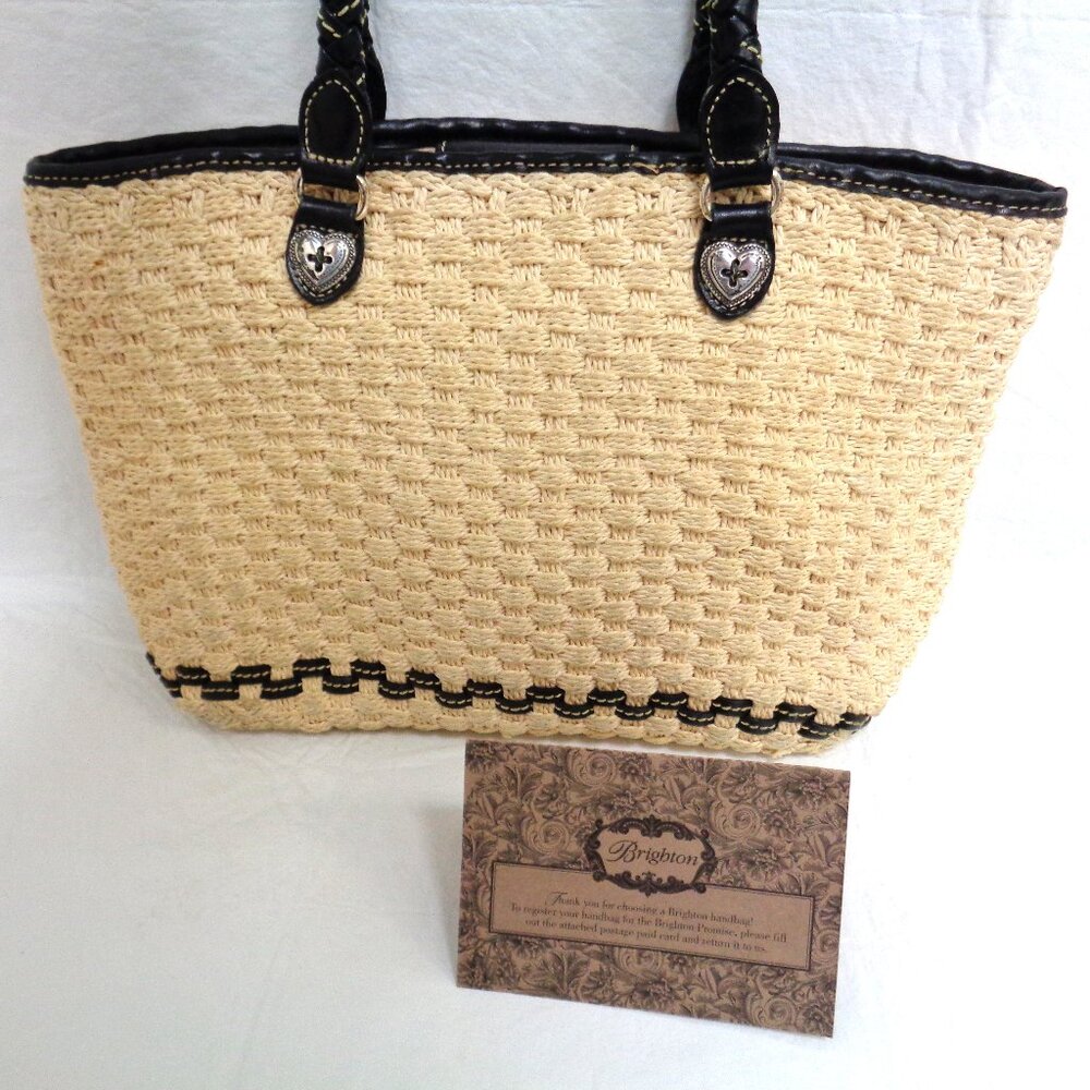 Brighton Straw and Black Leather Braided Handles Shoulder Bag Purse